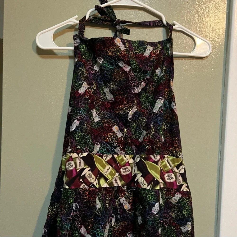 Handmade Apron Black Neon Cat Print Wine Bottle Details Pocket Tie Back